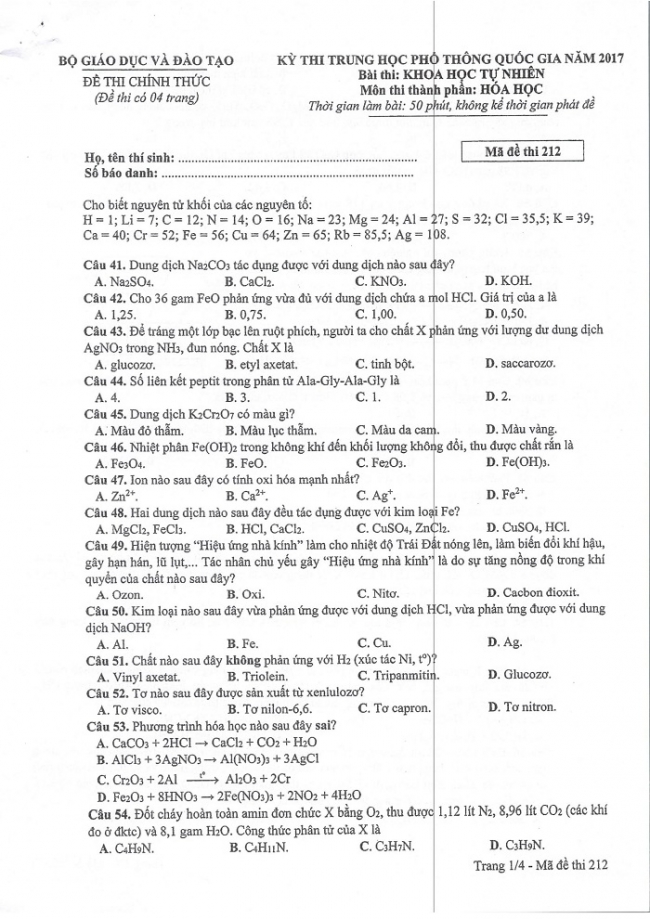 Đề và đáp án môn Hóa học mã đề 212 thi THPT quốc gia năm 2017 - đáp án của bộ GD-ĐT