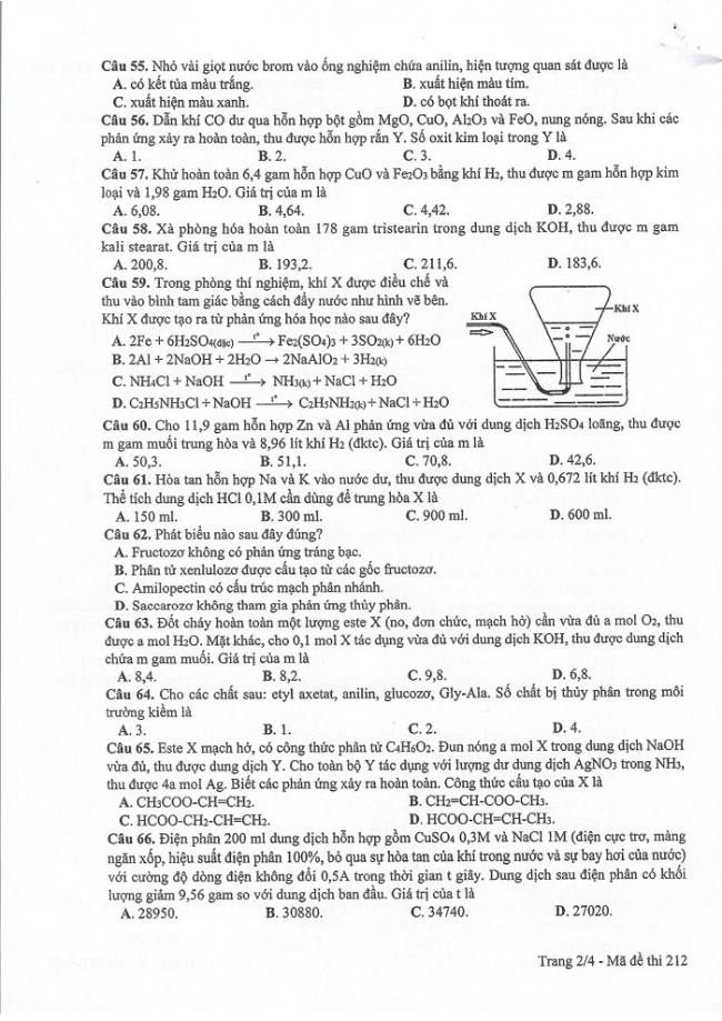 Đề và đáp án môn Hóa học mã đề 212 thi THPT quốc gia năm 2017 - đáp án của bộ GD-ĐT