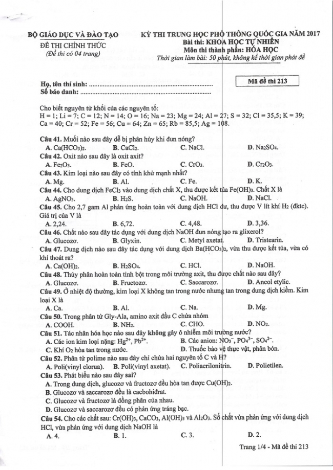 Đề và đáp án môn Hóa học mã đề 213 thi THPT quốc gia năm 2017 - đáp án của bộ GD-ĐT