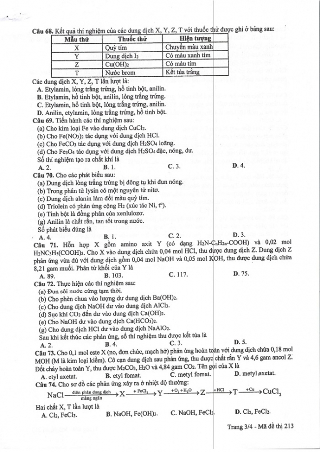 Đề và đáp án môn Hóa học mã đề 213 thi THPT quốc gia năm 2017 - đáp án của bộ GD-ĐT
