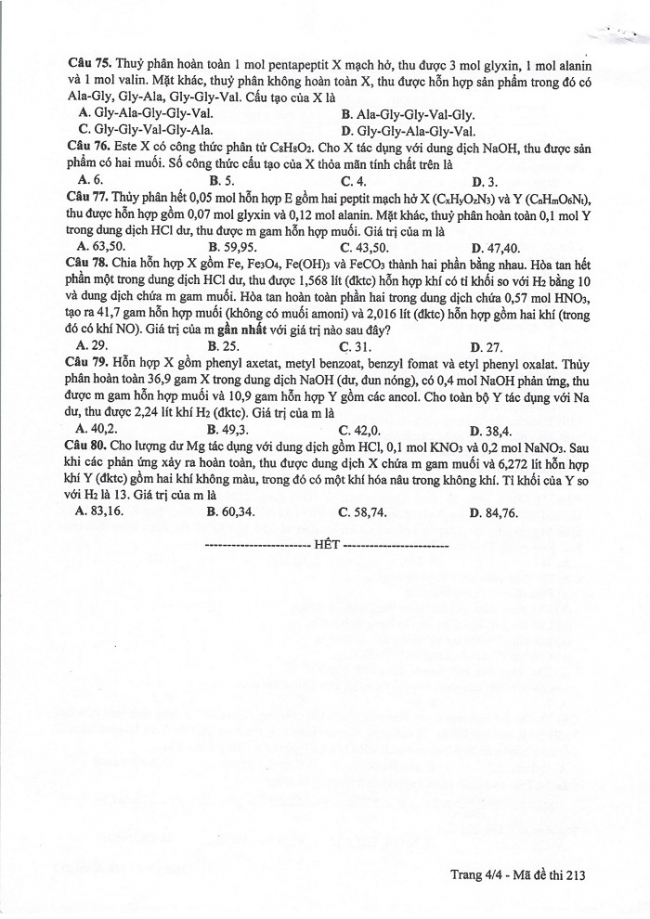 Đề và đáp án môn Hóa học mã đề 213 thi THPT quốc gia năm 2017 - đáp án của bộ GD-ĐT