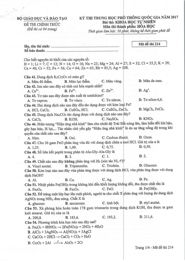 Đề và đáp án môn Hóa học mã đề 214 thi THPT quốc gia năm 2017 - đáp án của bộ GD-ĐT