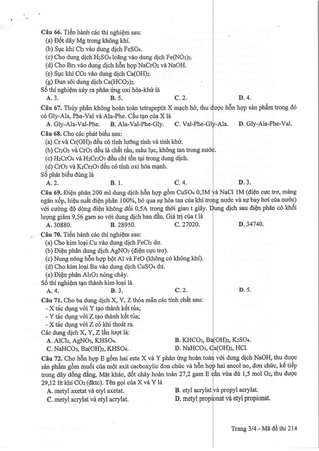 Đề và đáp án môn Hóa học mã đề 214 thi THPT quốc gia năm 2017 - đáp án của bộ GD-ĐT