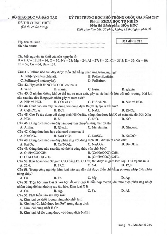 Đề và đáp án môn Hóa học mã đề 215 thi THPT quốc gia năm 2017 - đáp án của bộ GD-ĐT