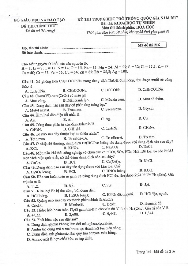 Đề và đáp án môn Hóa học mã đề 216 thi THPT quốc gia năm 2017 - đáp án của bộ GD-ĐT