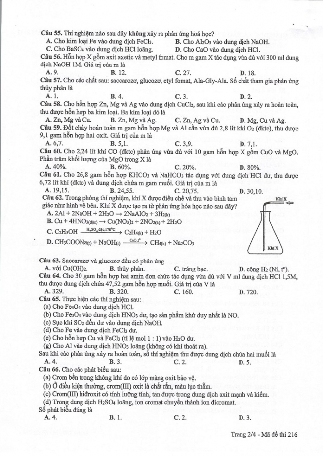 Đề và đáp án môn Hóa học mã đề 216 thi THPT quốc gia năm 2017 - đáp án của bộ GD-ĐT