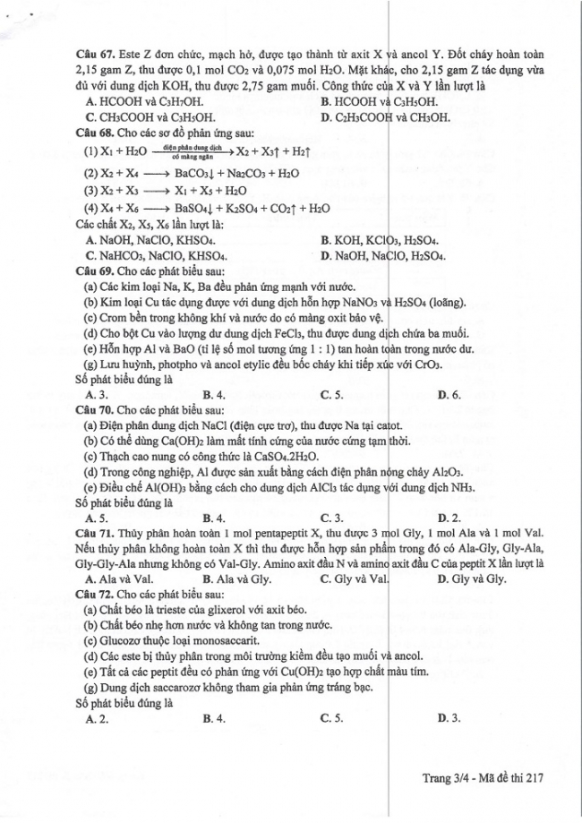 Đề và đáp án môn Hóa học mã đề 217 thi THPT quốc gia năm 2017 - đáp án của bộ GD-ĐT