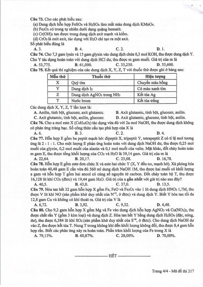 Đề và đáp án môn Hóa học mã đề 217 thi THPT quốc gia năm 2017 - đáp án của bộ GD-ĐT
