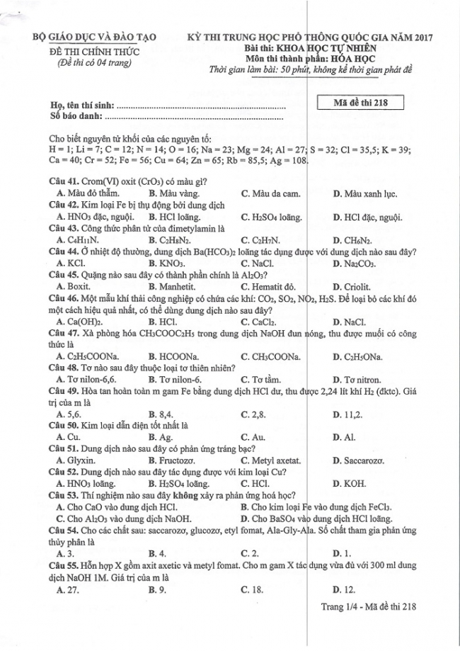 Đề và đáp án môn Hóa học mã đề 218 thi THPT quốc gia năm 2017 - đáp án của bộ GD-ĐT