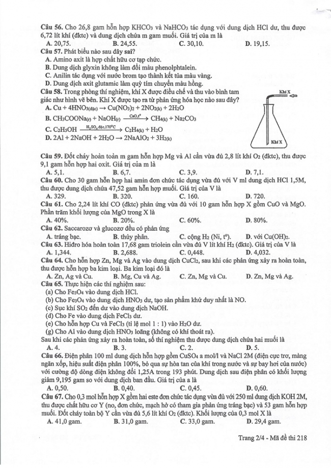 Đề và đáp án môn Hóa học mã đề 218 thi THPT quốc gia năm 2017 - đáp án của bộ GD-ĐT