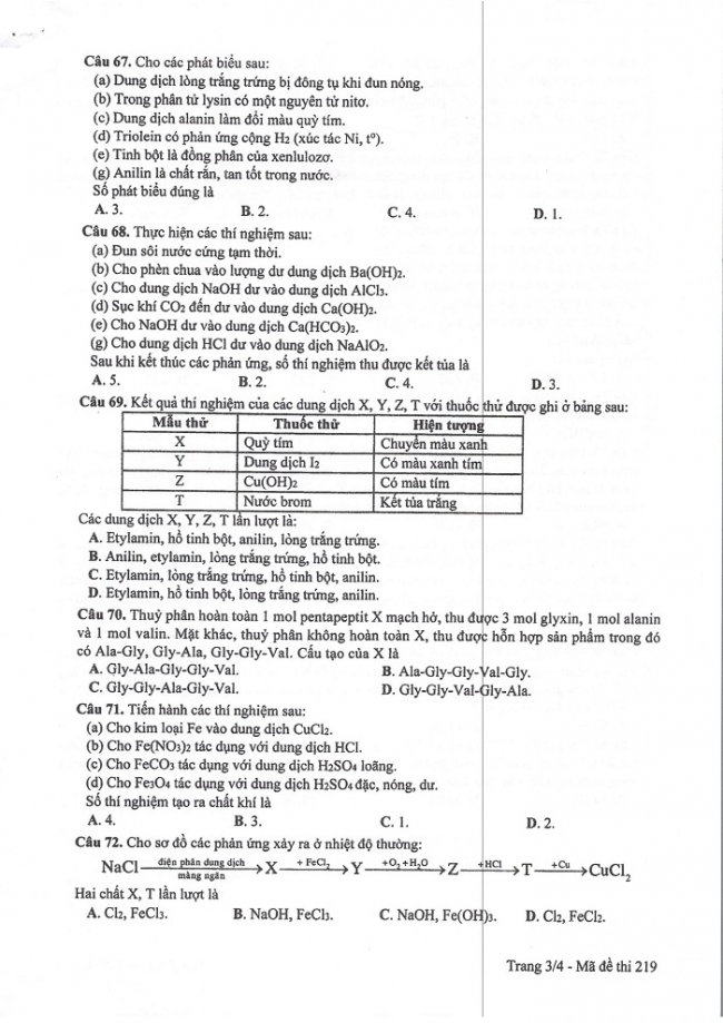 Đề và đáp án môn Hóa học mã đề 219 thi THPT quốc gia năm 2017 - đáp án của bộ GD-ĐT