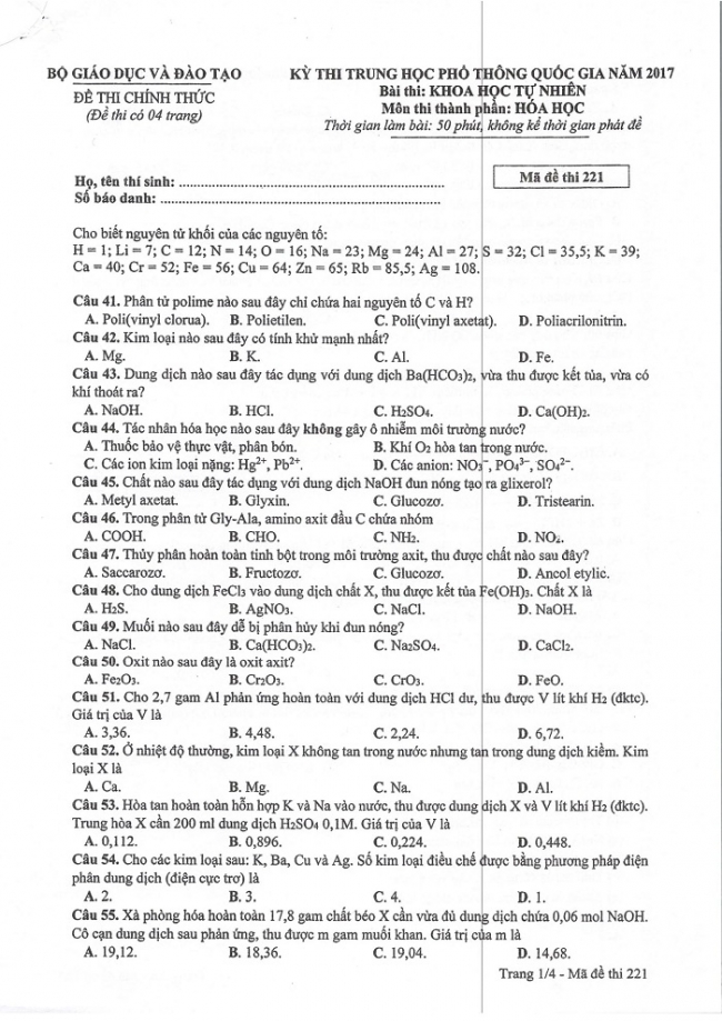 Đề và đáp án môn Hóa học mã đề 221 thi THPT quốc gia năm 2017 - đáp án của bộ GD-ĐT