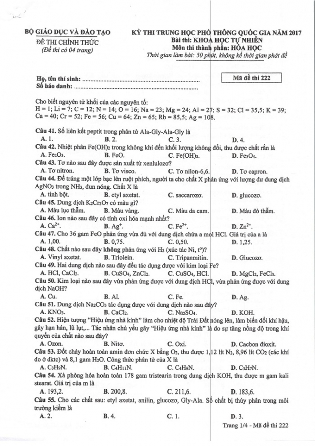 Đề và đáp án môn Hóa học mã đề 222 thi THPT quốc gia năm 2017 - đáp án của bộ GD-ĐT