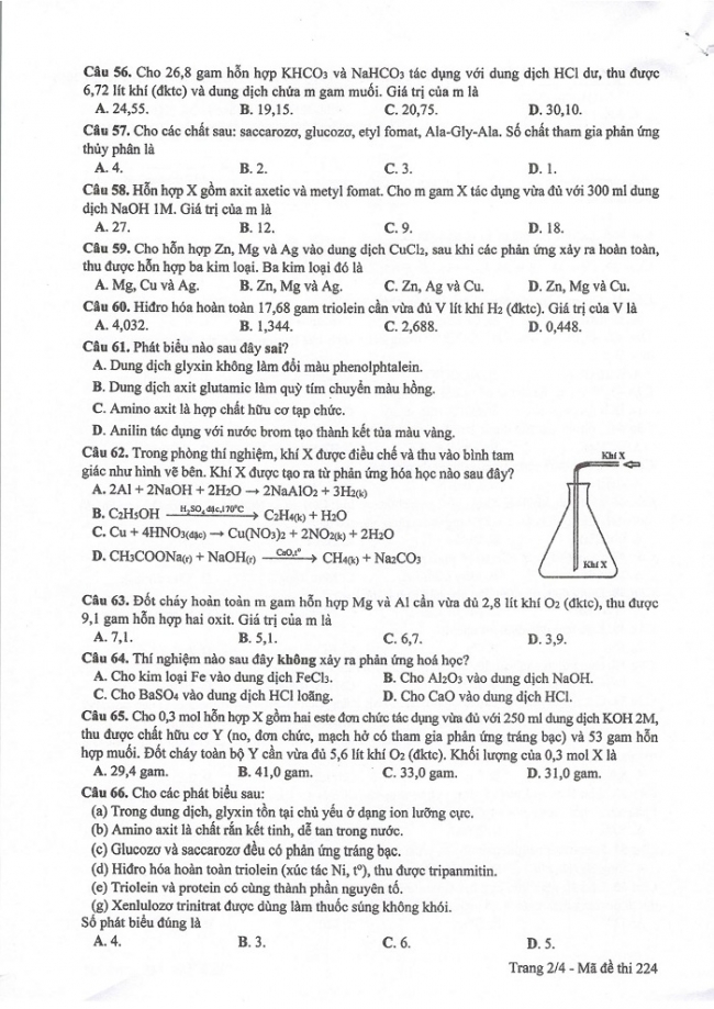 Đề và đáp án môn Hóa học mã đề 224 thi THPT quốc gia năm 2017 - đáp án của bộ GD-ĐT