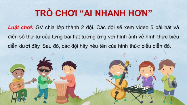 Soạn giáo án điện tử âm nhạc 4 KNTT Tiết 3: Ôn bài hát: Chuông gió leng keng; Thường thức âm nhạc: Hình thức biểu diễn trong ca hát