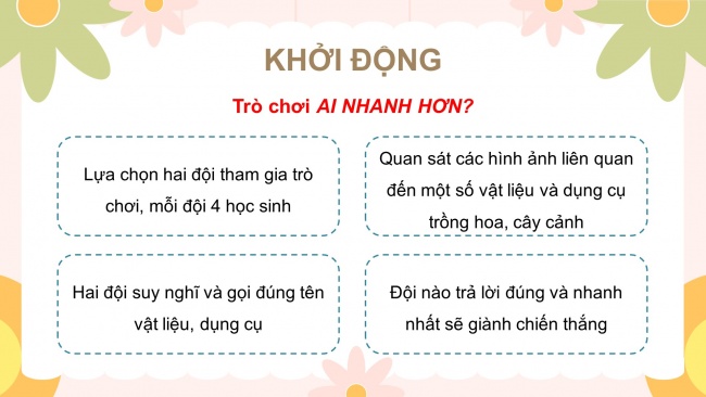 Soạn giáo án điện tử công nghệ 4 KNTT bài 3: Vật liệu và dụng cụ trồng hoa, cây cảnh trong