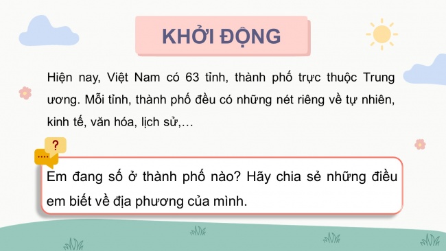 Soạn giáo án điện tử lịch sử và địa lí 4 cánh diều Bài 2: Địa phương em (tỉnh, thành phố trực thuộc Trung ương)