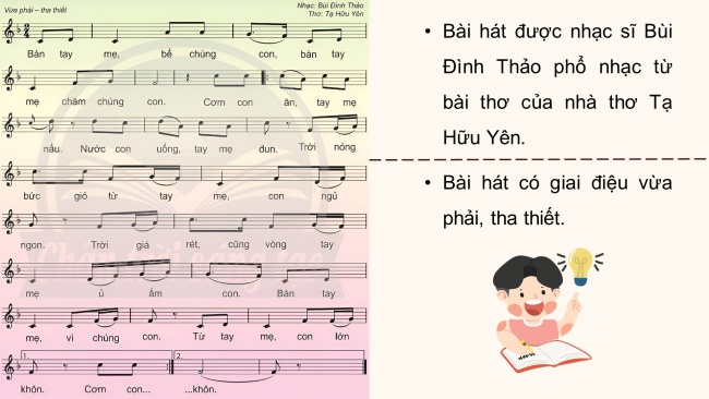 Soạn giáo án điện tử âm nhạc 4 CTST CĐ4 Tiết 2: Ôn tâp bài hát Bàn tay mẹ. Đọc nhạc: Bài đọc nhạc số 2