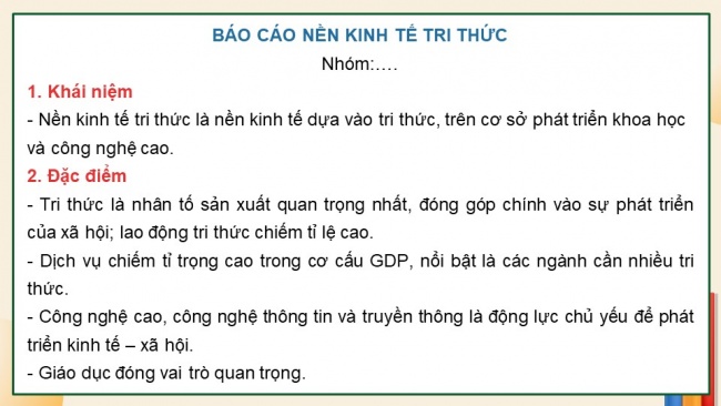 Soạn giáo án điện tử địa lí 11 Cánh diều Bài 6: Thực hành: Viết báo cáo về nền kinh tế tri thức