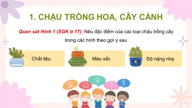 Soạn giáo án điện tử công nghệ 4 KNTT bài 3: Vật liệu và dụng cụ trồng hoa, cây cảnh trong