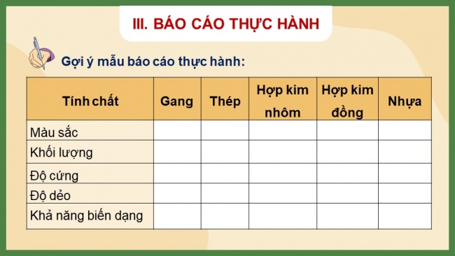 Soạn giáo án điện tử công nghệ cơ khí 11 Cánh diều Bài 5: Thực hành: Nhận biết tính chất cơ bản của vật liệu cơ khí thông dụng