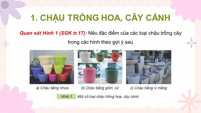 Soạn giáo án điện tử công nghệ 4 KNTT bài 3: Vật liệu và dụng cụ trồng hoa, cây cảnh trong