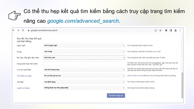 Soạn giáo án điện tử Tin học ứng dụng 11 Cánh diều Chủ đề C Bài 2: Thực hành một số tính năng hữu ích của máy tìm kiếm