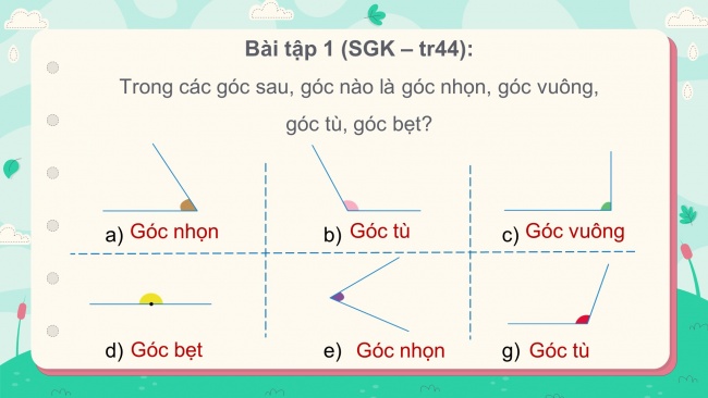Soạn giáo án điện tử toán 4 cánh diều Bài 19: Góc nhọn, góc tù, góc bẹt
