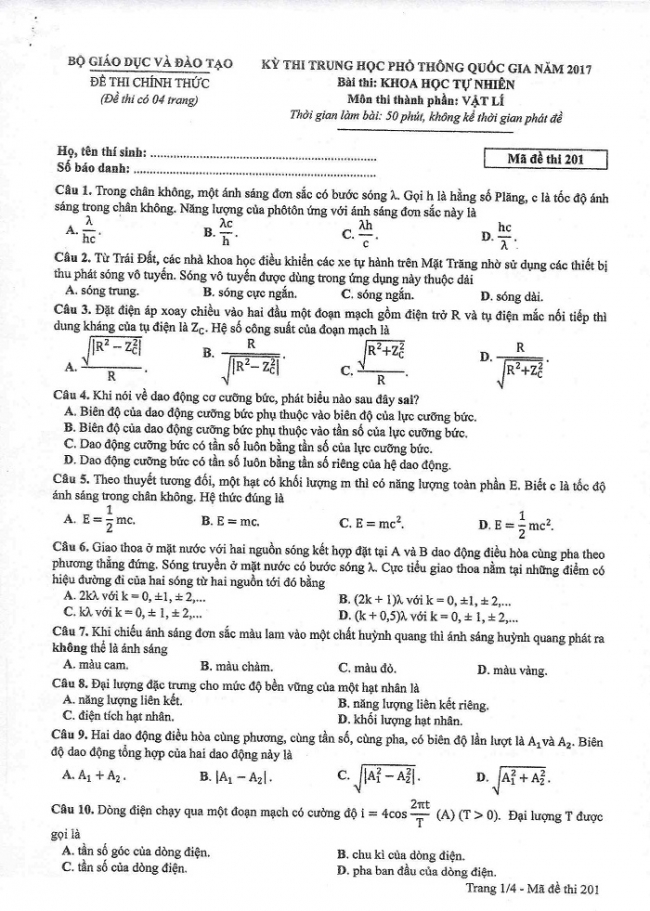 Đề và đáp án môn Vật lí mã đề 201 thi THPT quốc gia năm 2017 - đáp án của bộ GD-ĐT