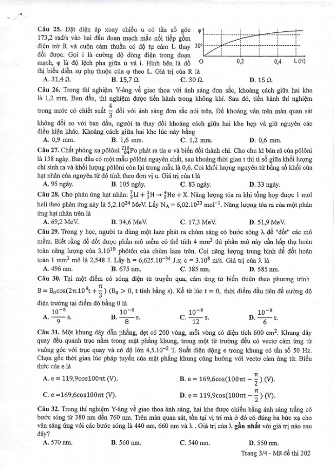 Đề và đáp án môn Vật lí mã đề 202 thi THPT quốc gia năm 2017 - đáp án của bộ GD-ĐT