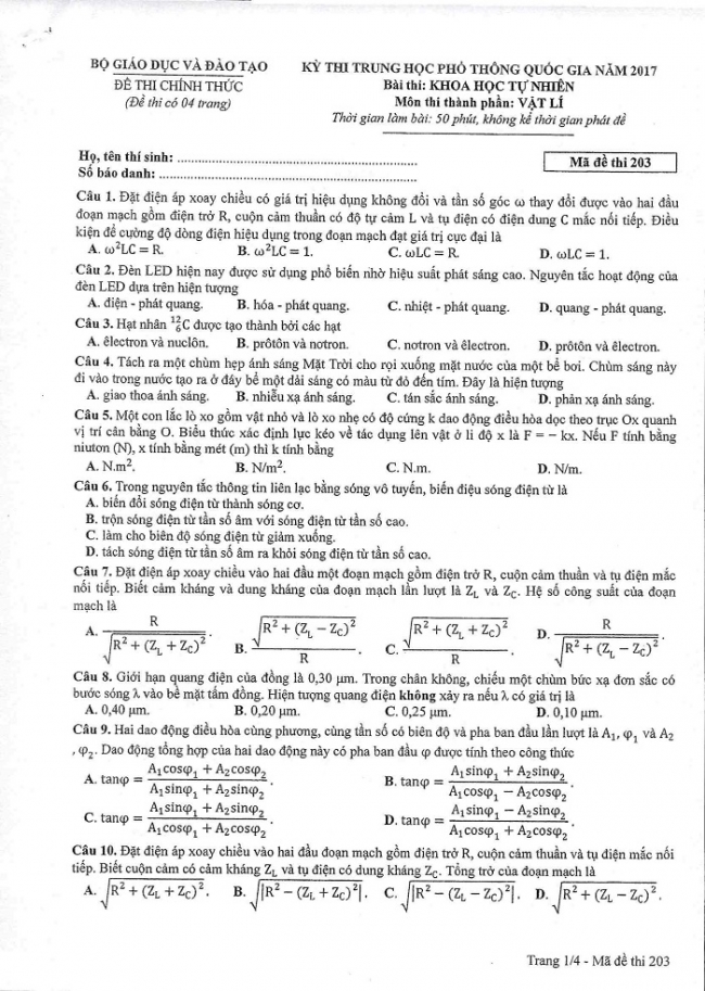 Đề và đáp án môn Vật lí mã đề 203 thi THPT quốc gia năm 2017 - đáp án của bộ GD-ĐT
