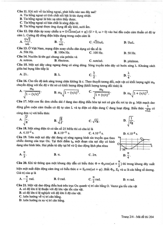 Đề và đáp án môn Vật lí mã đề 204 thi THPT quốc gia năm 2017 - đáp án của bộ GD-ĐT