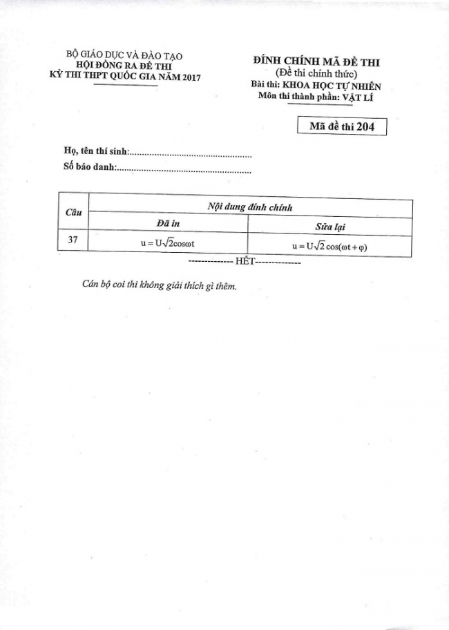 Đề và đáp án môn Vật lí mã đề 204 thi THPT quốc gia năm 2017 - đáp án của bộ GD-ĐT