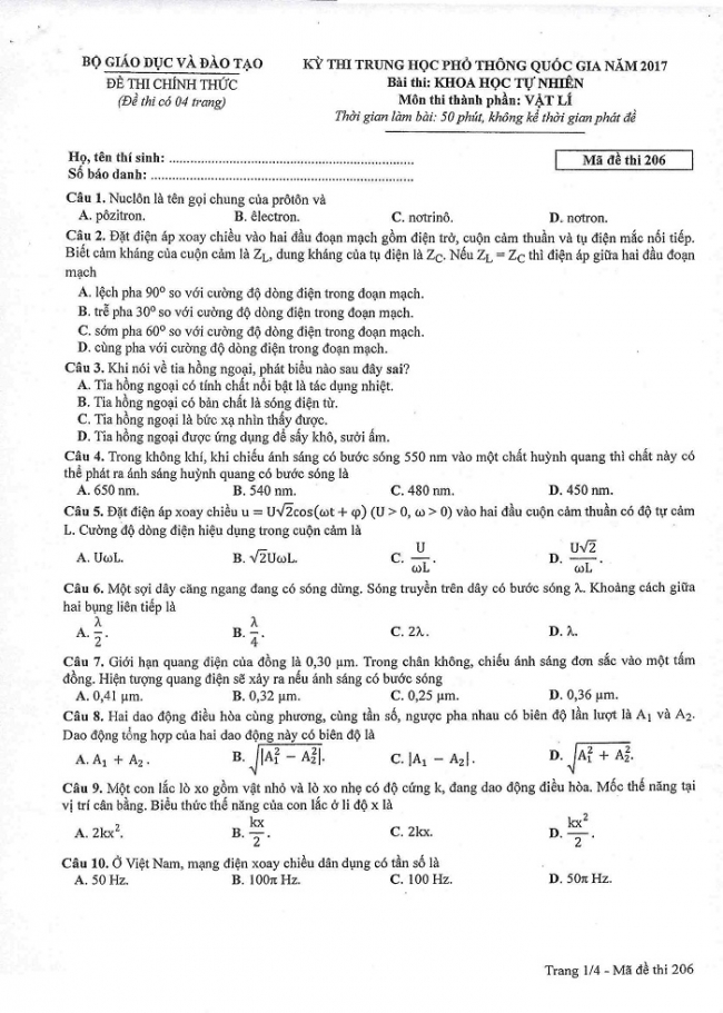 Đề và đáp án môn Vật lí mã đề 206 thi THPT quốc gia năm 2017 - đáp án của bộ GD-ĐT
