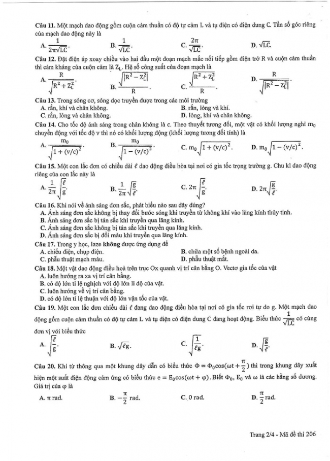 Đề và đáp án môn Vật lí mã đề 206 thi THPT quốc gia năm 2017 - đáp án của bộ GD-ĐT