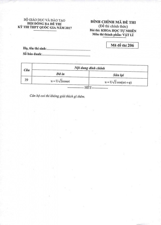 Đề và đáp án môn Vật lí mã đề 206 thi THPT quốc gia năm 2017 - đáp án của bộ GD-ĐT