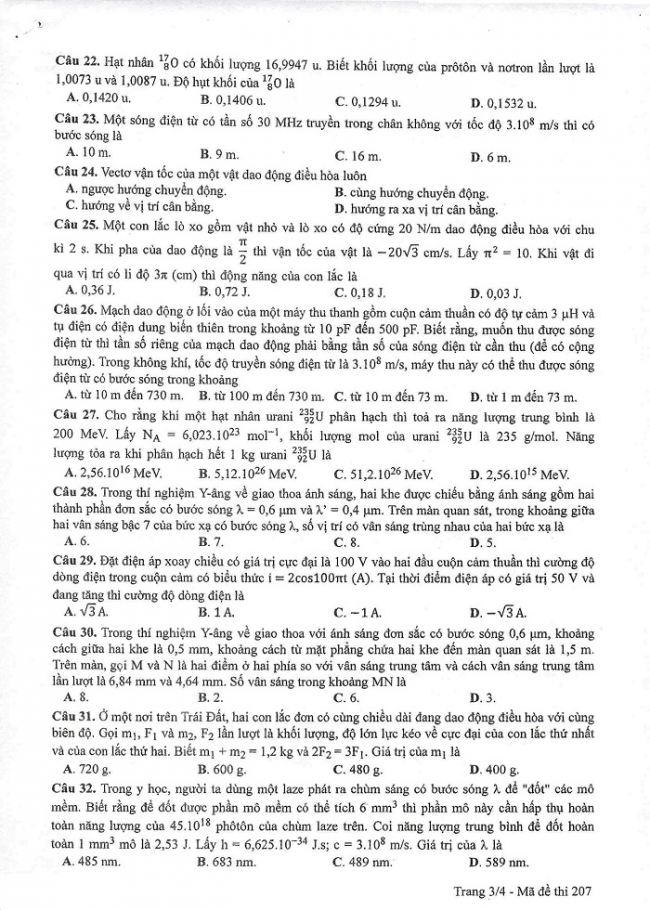 Đề và đáp án môn Vật lí mã đề 207 thi THPT quốc gia năm 2017 - đáp án của bộ GD-ĐT