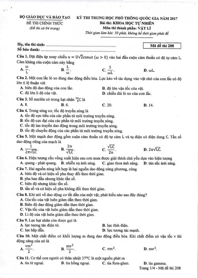 Đề và đáp án môn Vật lí mã đề 208 thi THPT quốc gia năm 2017 - đáp án của bộ GD-ĐT
