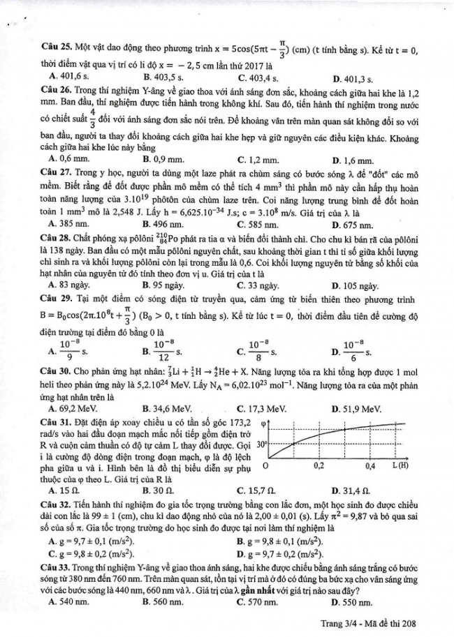 Đề và đáp án môn Vật lí mã đề 208 thi THPT quốc gia năm 2017 - đáp án của bộ GD-ĐT