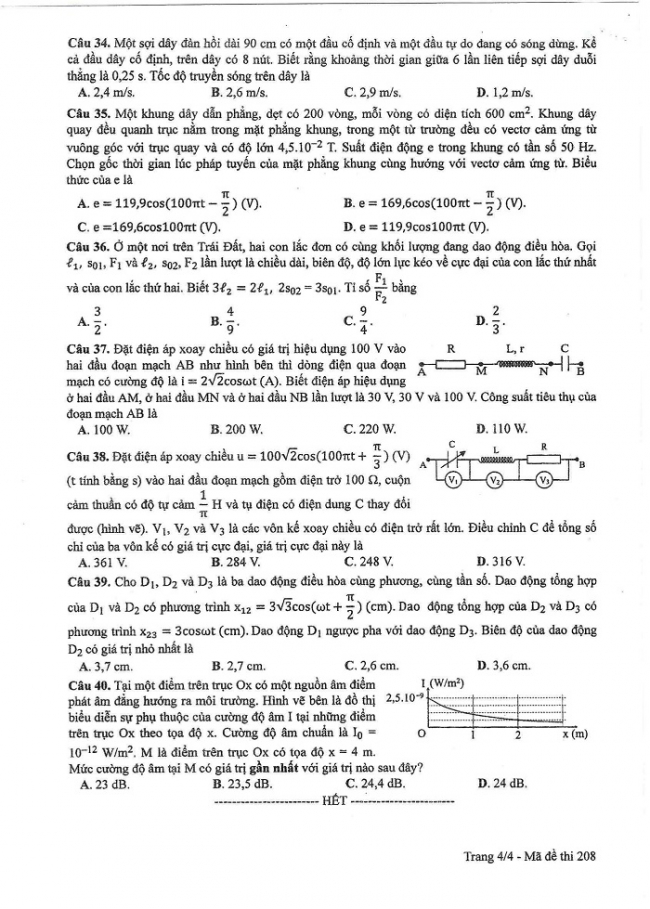 Đề và đáp án môn Vật lí mã đề 208 thi THPT quốc gia năm 2017 - đáp án của bộ GD-ĐT