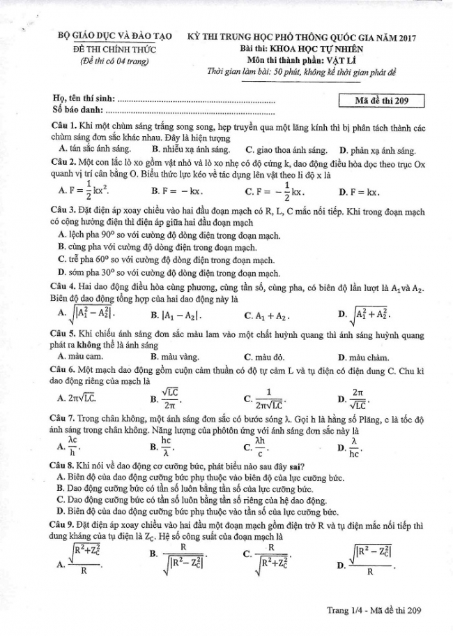 Đề và đáp án môn Vật lí mã đề 209 thi THPT quốc gia năm 2017 - đáp án của bộ GD-ĐT