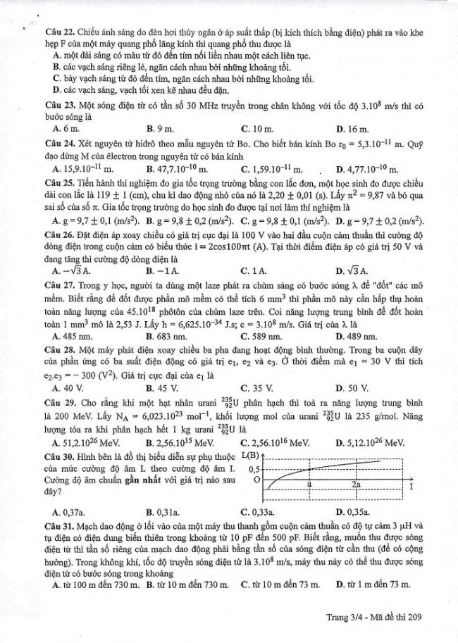 Đề và đáp án môn Vật lí mã đề 209 thi THPT quốc gia năm 2017 - đáp án của bộ GD-ĐT