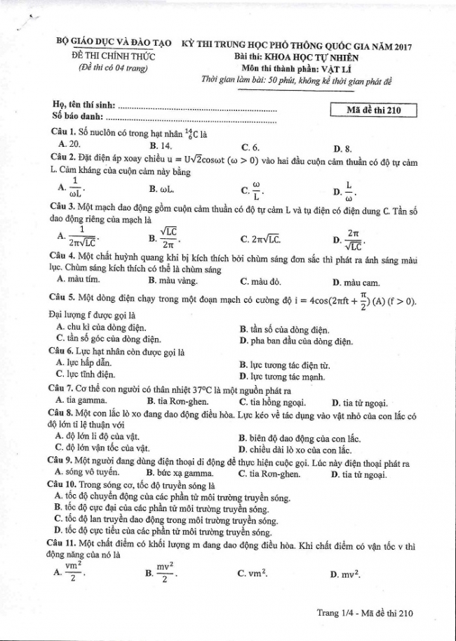 Đề và đáp án môn Vật lí mã đề 210 thi THPT quốc gia năm 2017 - đáp án của bộ GD-ĐT