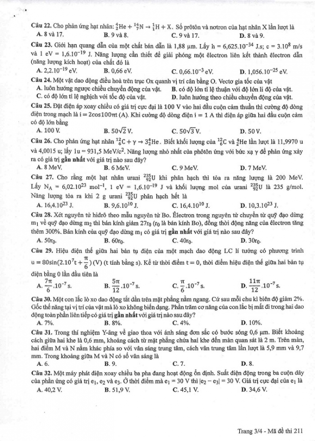 Đề và đáp án môn Vật lí mã đề 211 thi THPT quốc gia năm 2017 - đáp án của bộ GD-ĐT