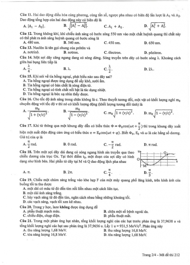 Đề và đáp án môn Vật lí mã đề 212 thi THPT quốc gia năm 2017 - đáp án của bộ GD-ĐT