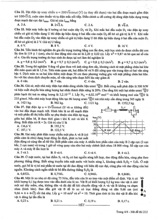 Đề và đáp án môn Vật lí mã đề 212 thi THPT quốc gia năm 2017 - đáp án của bộ GD-ĐT