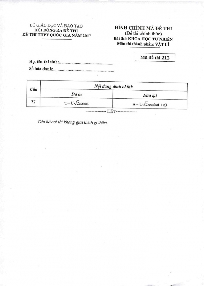 Đề và đáp án môn Vật lí mã đề 212 thi THPT quốc gia năm 2017 - đáp án của bộ GD-ĐT