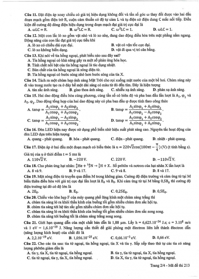 Đề và đáp án môn Vật lí mã đề 213 thi THPT quốc gia năm 2017 - đáp án của bộ GD-ĐT