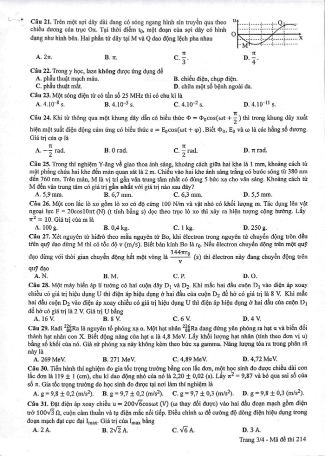 Đề và đáp án môn Vật lí mã đề 214 thi THPT quốc gia năm 2017 - đáp án của bộ GD-ĐT