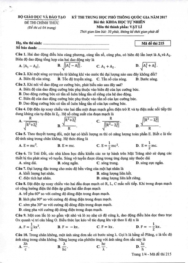 Đề và đáp án môn Vật lí mã đề 215 thi THPT quốc gia năm 2017 - đáp án của bộ GD-ĐT